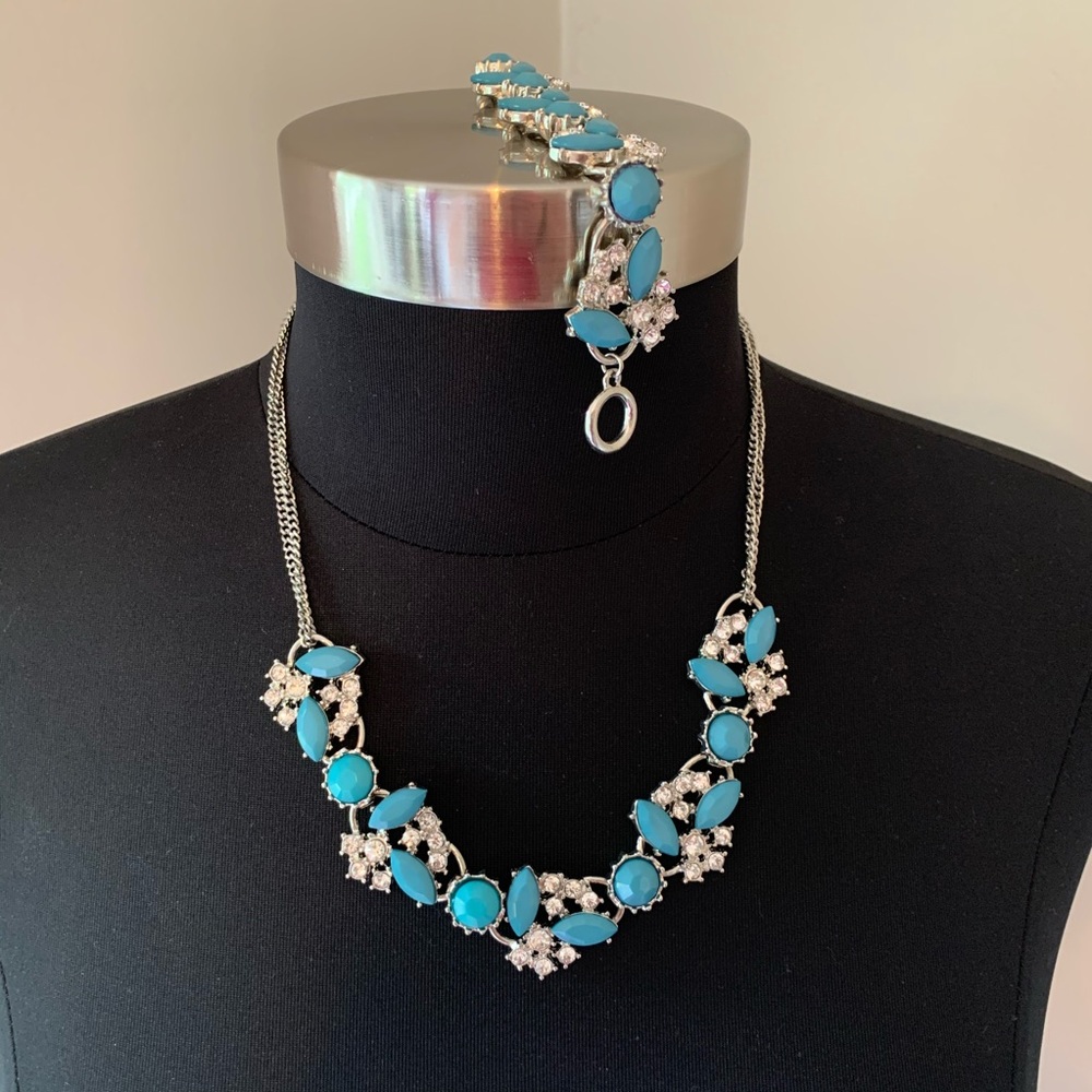 Turquoise Blue, Crystal Rhinestone & Silver Necklace & Toggle Clasp Bracelet Set